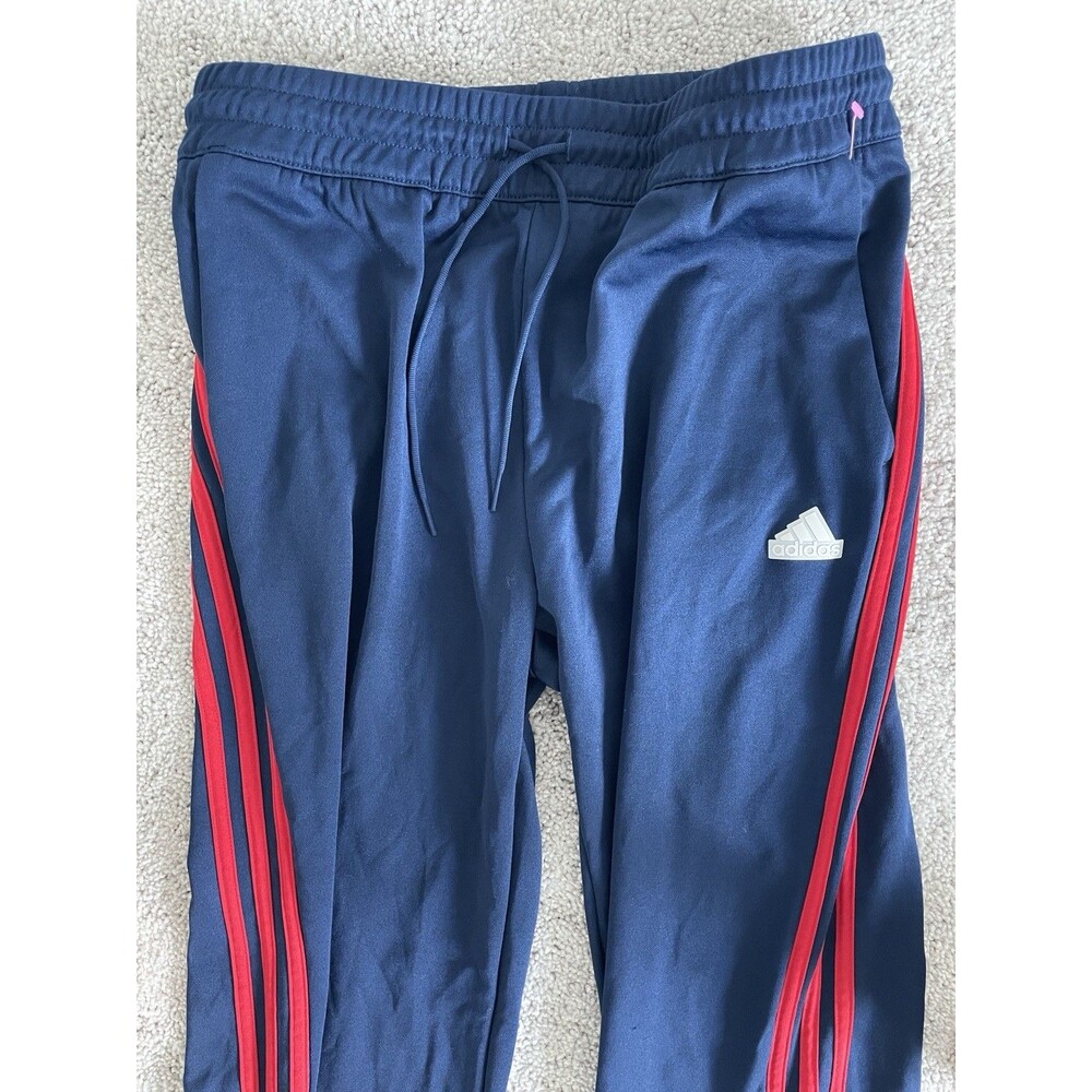 Adidas Women's Iconic Wrapping 3 Stripes Snap Track Pants Navy Blue Red Medium - Picture 2 of 8